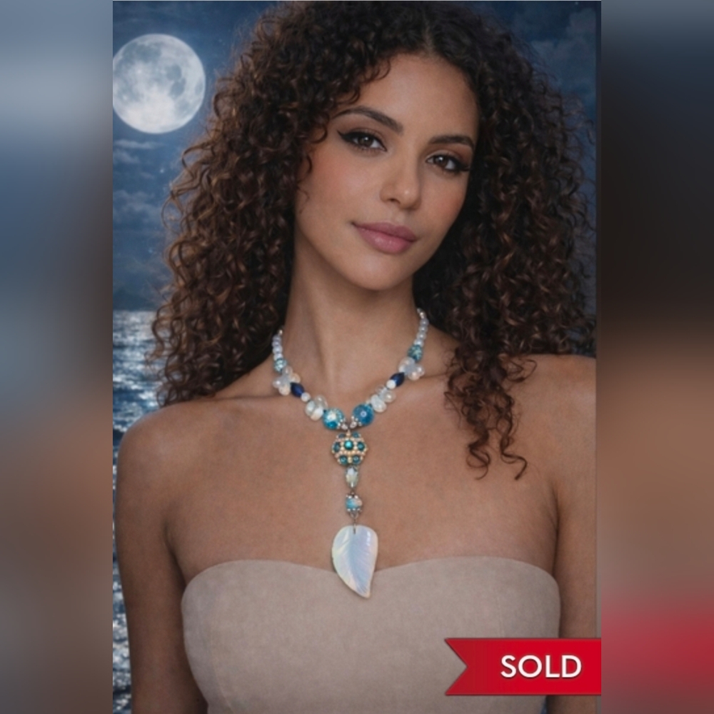 ***SOLD ARTISAN Aquamarine & Opalite Crackle Glass Beaded Lariat Necklace